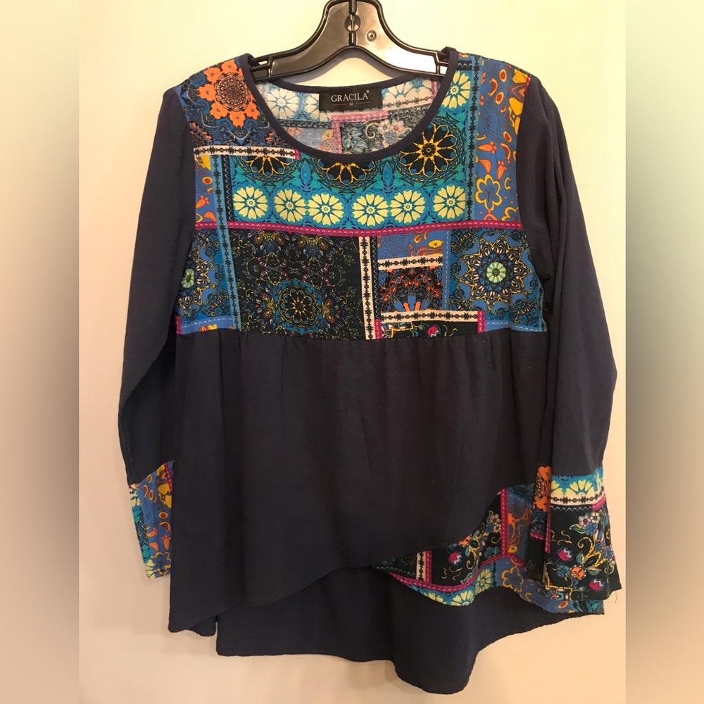 GRACILA Oversized Cotton Boho Floral Patchwork Top